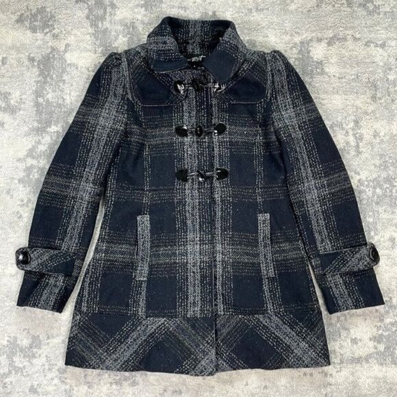 Black Rivet Wool Plaid Toggle Winter Coat in Black White Full Zip Sz M - Picture 3 of 13